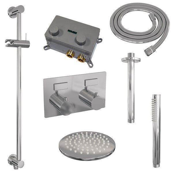 Brauer Brauer Chrome Editon Regendoucheset:  Thermostatische Inbouwkraan met Drukknoppen, Plafondarm, Douchekop 20cm, Glijstang met Wateruitlaat, Staafhanddouche & Doucheslang - Set 65 - Draaiknoppen - Chroom