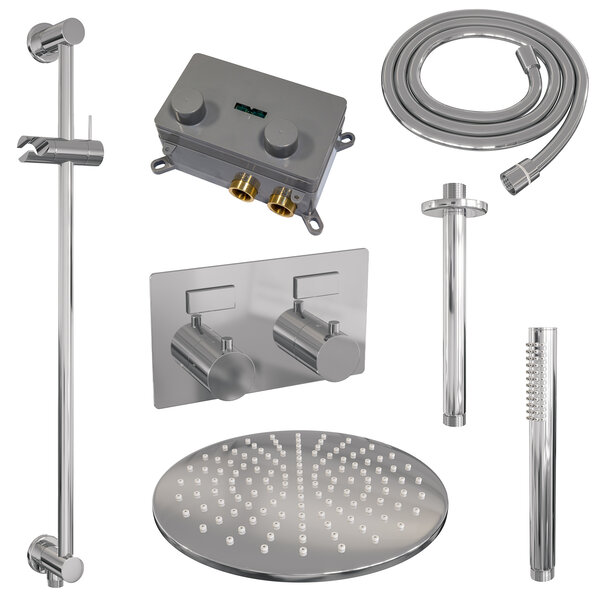 Brauer Brauer Chrome Editon Regendoucheset:  Thermostatische Inbouwkraan met Drukknoppen, Plafondarm, Douchekop 30cm, Glijstang met Wateruitlaat, Staafhanddouche & Doucheslang - Set 66 - Draaiknoppen - Chroom