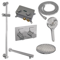 Brauer Brauer Chrome Editon Regendoucheset:  Thermostatische Inbouwkraan met Drukknoppen, Rechte Wandarm, Douchekop 20cm, Glijstang met Wateruitlaat, 3-Standen Handdouche & Doucheslang - Set 67 - Draaiknoppen - Chroom