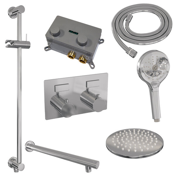 Brauer Brauer Chrome Editon Regendoucheset:  Thermostatische Inbouwkraan met Drukknoppen, Rechte Wandarm, Douchekop 20cm, Glijstang met Wateruitlaat, 3-Standen Handdouche & Doucheslang - Set 67 - Draaiknoppen - Chroom