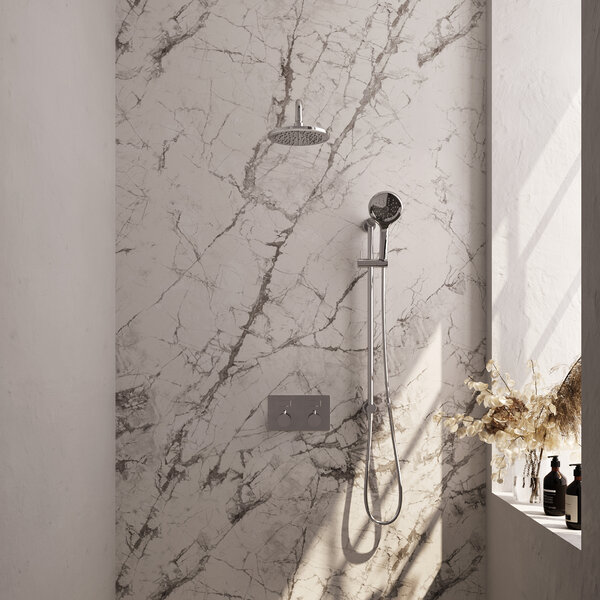 Brauer Brauer Chrome Editon Regendoucheset:  Thermostatische Inbouwkraan met Drukknoppen, Gebogen Wandarm, Douchekop 20cm, Glijstang met Wateruitlaat, 3-Standen Handdouche & Doucheslang - Set 69 - Draaiknoppen - Chroom