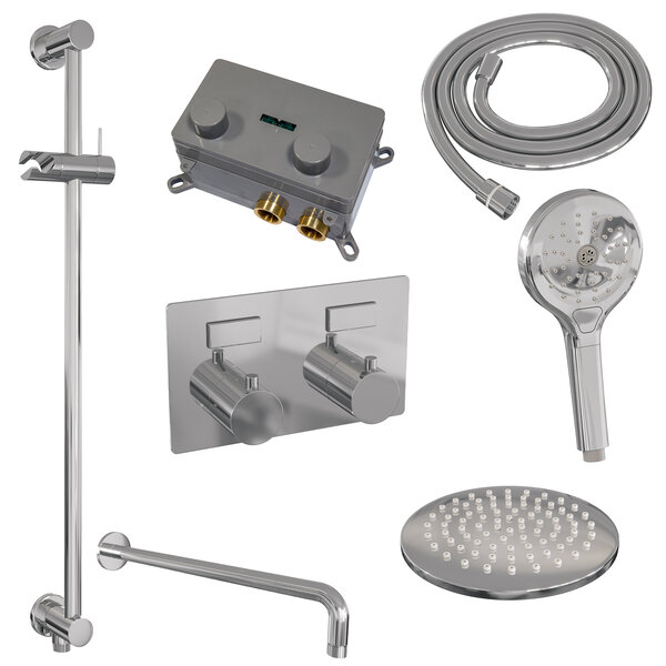 Brauer Brauer Chrome Editon Regendoucheset:  Thermostatische Inbouwkraan met Drukknoppen, Gebogen Wandarm, Douchekop 20cm, Glijstang met Wateruitlaat, 3-Standen Handdouche & Doucheslang - Set 69 - Draaiknoppen - Chroom