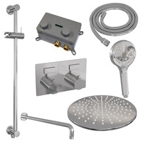Brauer Brauer Chrome Editon Regendoucheset:  Thermostatische Inbouwkraan met Drukknoppen, Gebogen Wandarm, Douchekop 30cm, Glijstang met Wateruitlaat, 3-Standen Handdouche & Doucheslang - Set 70 - Draaiknoppen - Chroom