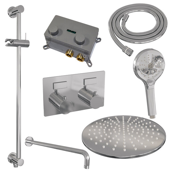 Brauer Brauer Chrome Editon Regendoucheset:  Thermostatische Inbouwkraan met Drukknoppen, Gebogen Wandarm, Douchekop Ø30cm, Glijstang met Wateruitlaat, 3-Standen Handdouche & Doucheslang - Set 70 - Draaiknoppen - Chroom