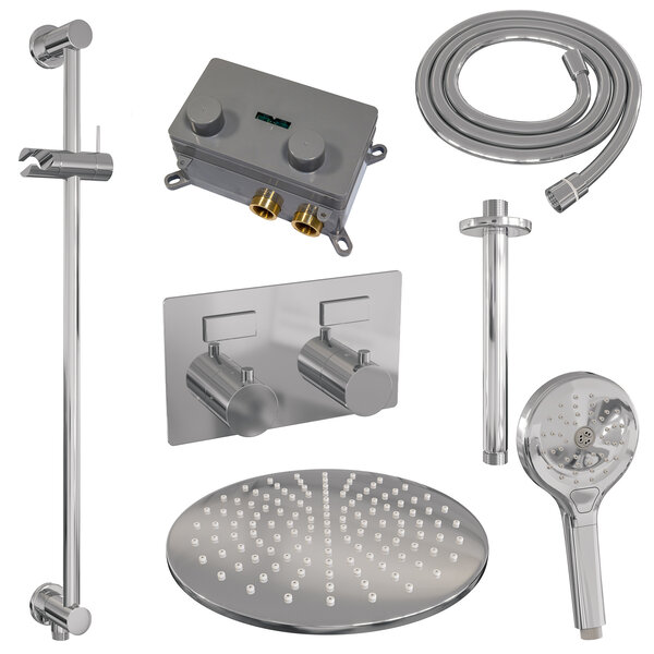 Brauer Brauer Chrome Editon Regendoucheset:  Thermostatische Inbouwkraan met Drukknoppen, Plafondarm, Douchekop 30cm, Glijstang met Wateruitlaat, 3-Standen Handdouche & Doucheslang - Set 72 - Draaiknoppen - Chroom