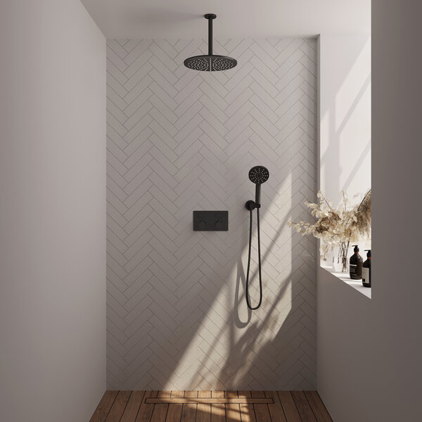Brauer Brauer Black Editon Regendoucheset:  Thermostatische Inbouwkraan met Drukknoppen, Plafondarm, Douchekop 30cm, Wandhouder met Wateruitlaat, 3-Standen Handdouche & Doucheslang - Set 60 - Draaiknoppen - Mat Zwart