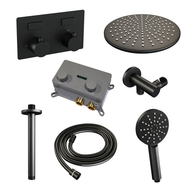 Brauer Brauer Black Editon Regendoucheset:  Thermostatische Inbouwkraan met Drukknoppen, Plafondarm, Douchekop 30cm, Wandhouder met Wateruitlaat, 3-Standen Handdouche & Doucheslang - Set 60 - Draaiknoppen - Mat Zwart