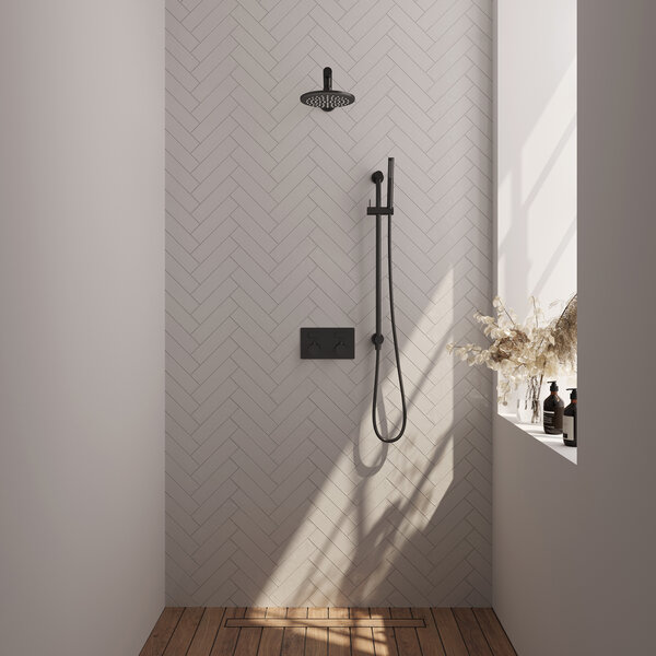 Brauer Brauer Black Editon Regendoucheset:  Thermostatische Inbouwkraan met Drukknoppen, Rechte Wandarm, Douchekop 20cm, Glijstang met Wateruitlaat, Staafhanddouche & Doucheslang - Set 61 - Draaiknoppen - Mat Zwart