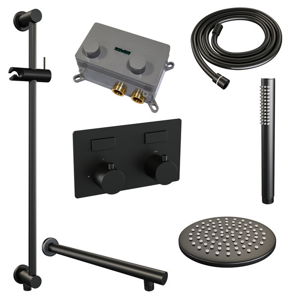 Brauer Brauer Black Editon Regendoucheset:  Thermostatische Inbouwkraan met Drukknoppen, Rechte Wandarm, Douchekop 20cm, Glijstang met Wateruitlaat, Staafhanddouche & Doucheslang - Set 61 - Draaiknoppen - Mat Zwart