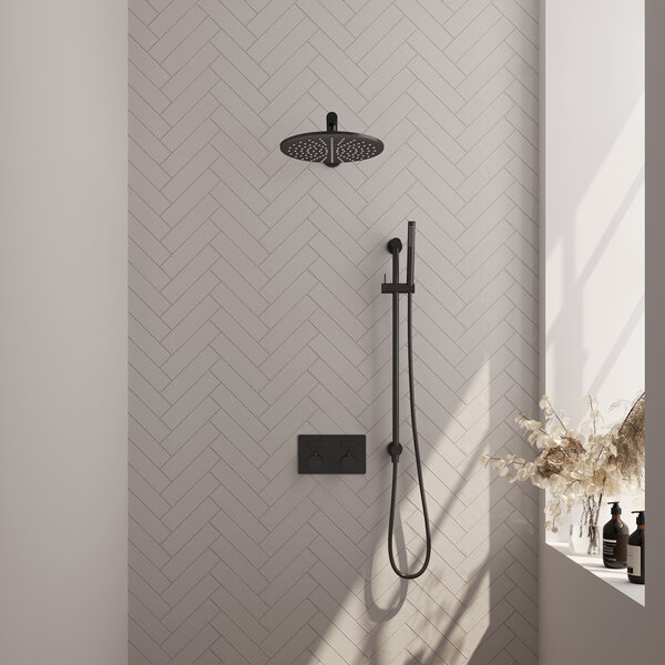 Brauer Brauer Black Editon Regendoucheset:  Thermostatische Inbouwkraan met Drukknoppen, Rechte Wandarm, Douchekop 30cm, Glijstang met Wateruitlaat, Staafhanddouche & Doucheslang - Set 62 - Draaiknoppen - Mat Zwart