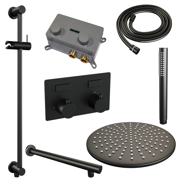 Brauer Brauer Black Editon Regendoucheset:  Thermostatische Inbouwkraan met Drukknoppen, Rechte Wandarm, Douchekop 30cm, Glijstang met Wateruitlaat, Staafhanddouche & Doucheslang - Set 62 - Draaiknoppen - Mat Zwart