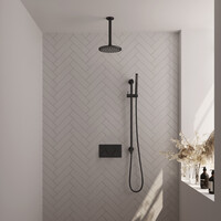 Brauer Brauer Black Editon Regendoucheset:  Thermostatische Inbouwkraan met Drukknoppen, Plafondarm, Douchekop 20cm, Glijstang met Wateruitlaat, Staafhanddouche & Doucheslang - Set 65 - Draaiknoppen - Mat Zwart