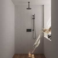 Brauer Brauer Black Editon Regendoucheset:  Thermostatische Inbouwkraan met Drukknoppen, Plafondarm, Douchekop 20cm, Glijstang met Wateruitlaat, Staafhanddouche & Doucheslang - Set 65 - Draaiknoppen - Mat Zwart