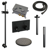 Brauer Brauer Black Editon Regendoucheset:  Thermostatische Inbouwkraan met Drukknoppen, Plafondarm, Douchekop 20cm, Glijstang met Wateruitlaat, Staafhanddouche & Doucheslang - Set 65 - Draaiknoppen - Mat Zwart