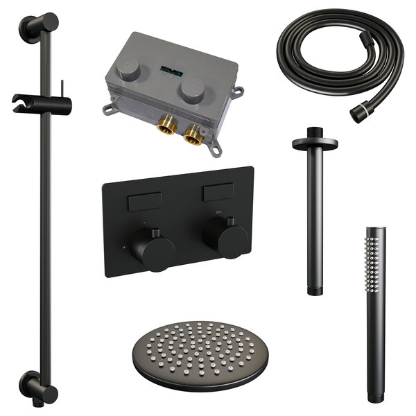 Brauer Brauer Black Editon Regendoucheset:  Thermostatische Inbouwkraan met Drukknoppen, Plafondarm, Douchekop 20cm, Glijstang met Wateruitlaat, Staafhanddouche & Doucheslang - Set 65 - Draaiknoppen - Mat Zwart