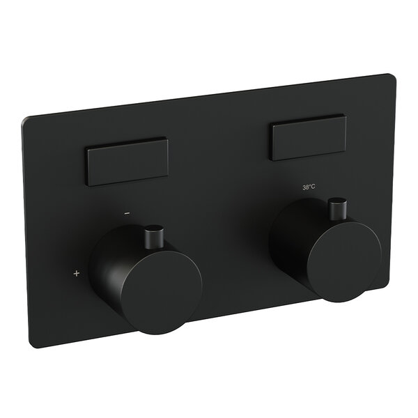 Brauer Brauer Black Editon Regendoucheset:  Thermostatische Inbouwkraan met Drukknoppen, Plafondarm, Douchekop 20cm, Glijstang met Wateruitlaat, Staafhanddouche & Doucheslang - Set 65 - Draaiknoppen - Mat Zwart