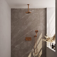 Brauer Brauer Copper Editon Regendoucheset:  Thermostatische Inbouwkraan met Drukknoppen, Plafondarm, Douchekop 20cm, Wandhouder met Wateruitlaat, 3-Standen Handdouche & Doucheslang - Set 59 - Draaiknoppen - PVD - Geborsteld Koper