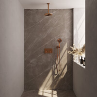 Brauer Brauer Copper Editon Regendoucheset:  Thermostatische Inbouwkraan met Drukknoppen, Plafondarm, Douchekop 20cm, Wandhouder met Wateruitlaat, 3-Standen Handdouche & Doucheslang - Set 59 - Draaiknoppen - PVD - Geborsteld Koper