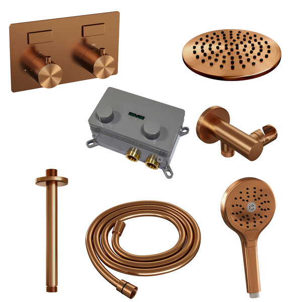 Brauer Brauer Copper Editon Regendoucheset:  Thermostatische Inbouwkraan met Drukknoppen, Plafondarm, Douchekop Ø20cm, Wandhouder met Wateruitlaat, 3-Standen Handdouche & Doucheslang - Set 59 - Draaiknoppen - PVD - Geborsteld Koper