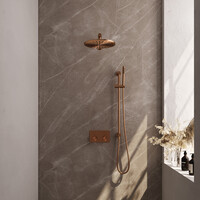 Brauer Brauer Copper Editon Regendoucheset:  Thermostatische Inbouwkraan met Drukknoppen, Rechte Wandarm, Douchekop 30cm, Glijstang met Wateruitlaat, Staafhanddouche & Doucheslang - Set 62 - Draaiknoppen - PVD - Geborsteld Koper