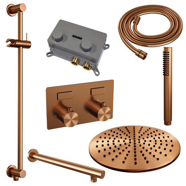 Brauer Brauer Copper Editon Regendoucheset:  Thermostatische Inbouwkraan met Drukknoppen, Rechte Wandarm, Douchekop Ø30cm, Glijstang met Wateruitlaat, Staafhanddouche & Doucheslang - Set 62 - Draaiknoppen - PVD - Geborsteld Koper