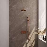 Brauer Brauer Copper Editon Regendoucheset:  Thermostatische Inbouwkraan met Drukknoppen, Gebogen Wandarm, Douchekop 20cm, Glijstang met Wateruitlaat, Staafhanddouche & Doucheslang - Set 63 - Draaiknoppen - PVD - Geborsteld Koper