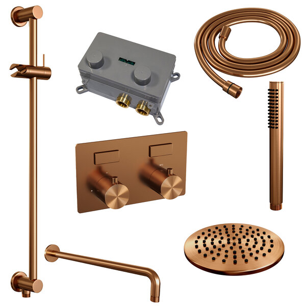 Brauer Brauer Copper Editon Regendoucheset:  Thermostatische Inbouwkraan met Drukknoppen, Gebogen Wandarm, Douchekop 20cm, Glijstang met Wateruitlaat, Staafhanddouche & Doucheslang - Set 63 - Draaiknoppen - PVD - Geborsteld Koper