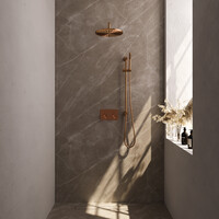 Brauer Brauer Copper Editon Regendoucheset:  Thermostatische Inbouwkraan met Drukknoppen, Gebogen Wandarm, Douchekop 30cm, Glijstang met Wateruitlaat, Staafhanddouche & Doucheslang - Set 64 - Draaiknoppen - PVD - Geborsteld Koper