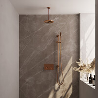 Brauer Brauer Copper Editon Regendoucheset:  Thermostatische Inbouwkraan met Drukknoppen, Plafondarm, Douchekop 20cm, Glijstang met Wateruitlaat, Staafhanddouche & Doucheslang - Set 65 - Draaiknoppen - PVD - Geborsteld Koper