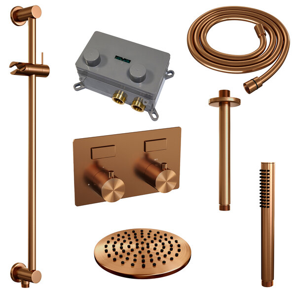 Brauer Brauer Copper Editon Regendoucheset:  Thermostatische Inbouwkraan met Drukknoppen, Plafondarm, Douchekop Ø20cm, Glijstang met Wateruitlaat, Staafhanddouche & Doucheslang - Set 65 - Draaiknoppen - PVD - Geborsteld Koper