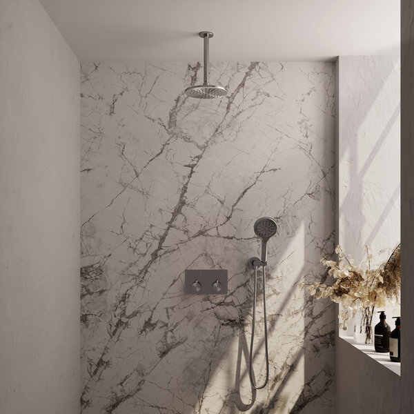 Brauer Brauer Brushed Editon Regendoucheset:  Thermostatische Inbouwkraan met Drukknoppen, Plafondarm, Douchekop 20cm, Wandhouder met Wateruitlaat, 3-Standen Handdouche & Doucheslang - Set 59 - Draaiknoppen - PVD - Geborsteld RVS