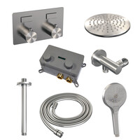 Brauer Brauer Brushed Editon Regendoucheset:  Thermostatische Inbouwkraan met Drukknoppen, Plafondarm, Douchekop 20cm, Wandhouder met Wateruitlaat, 3-Standen Handdouche & Doucheslang - Set 59 - Draaiknoppen - PVD - Geborsteld RVS