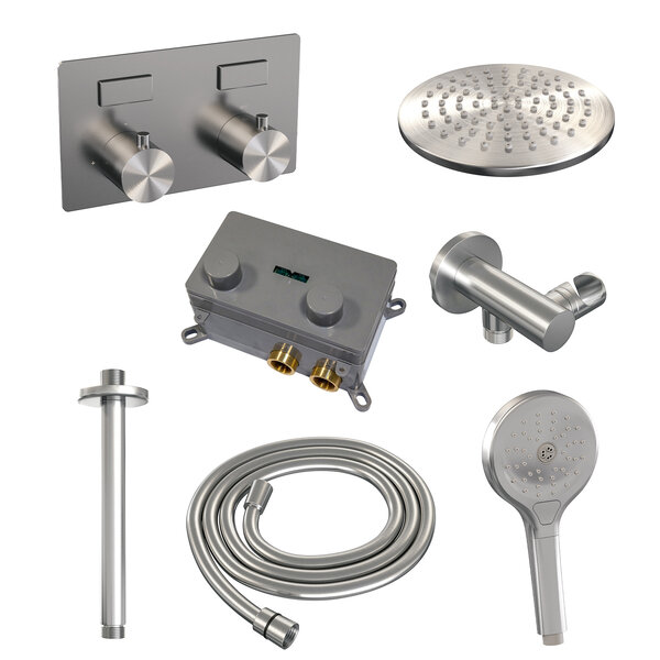 Brauer Brauer Brushed Editon Regendoucheset:  Thermostatische Inbouwkraan met Drukknoppen, Plafondarm, Douchekop Ø20cm, Wandhouder met Wateruitlaat, 3-Standen Handdouche & Doucheslang - Set 59 - Draaiknoppen - PVD - Geborsteld RVS