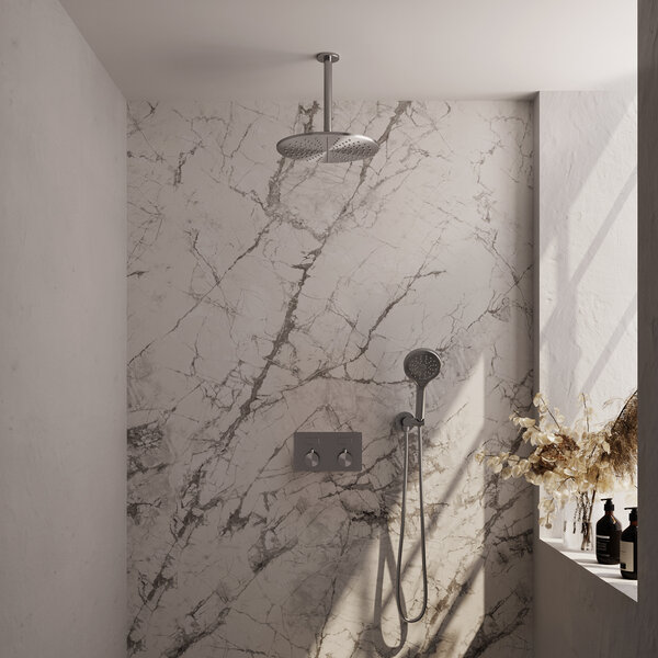 Brauer Brauer Brushed Editon Regendoucheset:  Thermostatische Inbouwkraan met Drukknoppen, Plafondarm, Douchekop 30cm, Wandhouder met Wateruitlaat, 3-Standen Handdouche & Doucheslang - Set 60 - Draaiknoppen - PVD - Geborsteld RVS