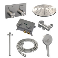 Brauer Brauer Brushed Editon Regendoucheset:  Thermostatische Inbouwkraan met Drukknoppen, Plafondarm, Douchekop 30cm, Wandhouder met Wateruitlaat, 3-Standen Handdouche & Doucheslang - Set 60 - Draaiknoppen - PVD - Geborsteld RVS