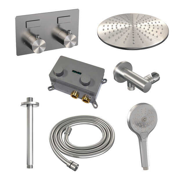 Brauer Brauer Brushed Editon Regendoucheset:  Thermostatische Inbouwkraan met Drukknoppen, Plafondarm, Douchekop 30cm, Wandhouder met Wateruitlaat, 3-Standen Handdouche & Doucheslang - Set 60 - Draaiknoppen - PVD - Geborsteld RVS