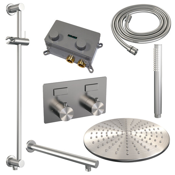Brauer Brauer Brushed Editon Regendoucheset:  Thermostatische Inbouwkraan met Drukknoppen, Rechte Wandarm, Douchekop 30cm, Glijstang met Wateruitlaat, Staafhanddouche & Doucheslang - Set 62 - Draaiknoppen - PVD - Geborsteld RVS