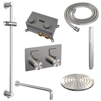 Brauer Brauer Brushed Editon Regendoucheset:  Thermostatische Inbouwkraan met Drukknoppen, Gebogen Wandarm, Douchekop 20cm, Glijstang met Wateruitlaat, Staafhanddouche & Doucheslang - Set 63 - Draaiknoppen - PVD - Geborsteld RVS