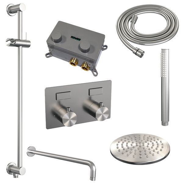 Brauer Brauer Brushed Editon Regendoucheset:  Thermostatische Inbouwkraan met Drukknoppen, Gebogen Wandarm, Douchekop 20cm, Glijstang met Wateruitlaat, Staafhanddouche & Doucheslang - Set 63 - Draaiknoppen - PVD - Geborsteld RVS