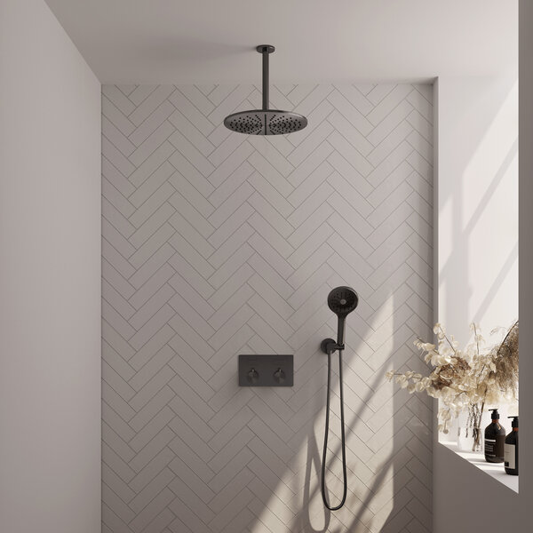 Brauer Brauer Gunmetal Editon Regendoucheset:  Thermostatische Inbouwkraan met Drukknoppen, Plafondarm, Douchekop 30cm, Wandhouder met Wateruitlaat, 3-Standen Handdouche & Doucheslang - Set 60 - Draaiknoppen - PVD - Geborsteld Gunmetal