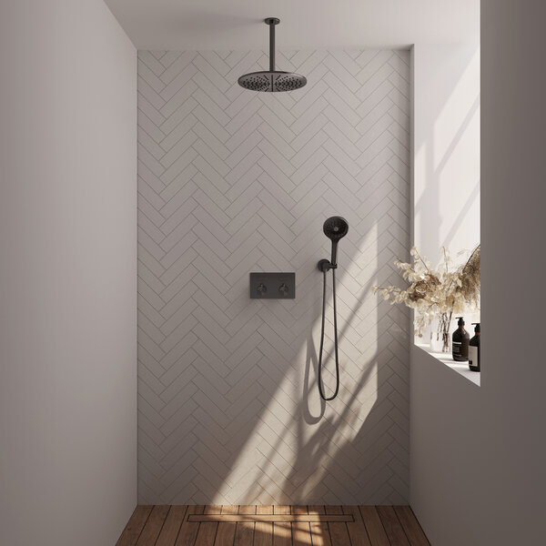 Brauer Brauer Gunmetal Editon Regendoucheset:  Thermostatische Inbouwkraan met Drukknoppen, Plafondarm, Douchekop 30cm, Wandhouder met Wateruitlaat, 3-Standen Handdouche & Doucheslang - Set 60 - Draaiknoppen - PVD - Geborsteld Gunmetal