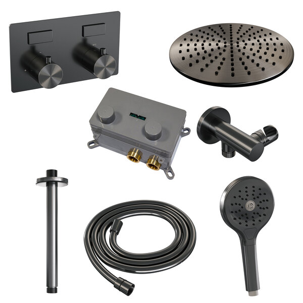 Brauer Brauer Gunmetal Editon Regendoucheset:  Thermostatische Inbouwkraan met Drukknoppen, Plafondarm, Douchekop Ø30cm, Wandhouder met Wateruitlaat, 3-Standen Handdouche & Doucheslang - Set 60 - Draaiknoppen - PVD - Geborsteld Gunmetal