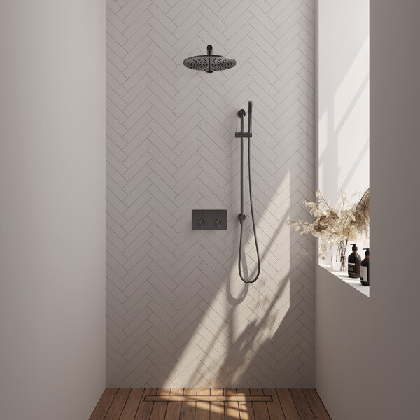 Brauer Brauer Gunmetal Editon Regendoucheset:  Thermostatische Inbouwkraan met Drukknoppen, Rechte Wandarm, Douchekop 30cm, Glijstang met Wateruitlaat, Staafhanddouche & Doucheslang - Set 62 - Draaiknoppen - PVD - Geborsteld Gunmetal