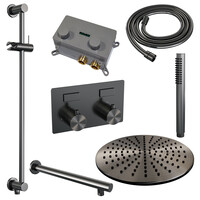 Brauer Brauer Gunmetal Editon Regendoucheset:  Thermostatische Inbouwkraan met Drukknoppen, Rechte Wandarm, Douchekop 30cm, Glijstang met Wateruitlaat, Staafhanddouche & Doucheslang - Set 62 - Draaiknoppen - PVD - Geborsteld Gunmetal