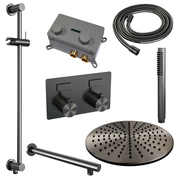 Brauer Brauer Gunmetal Editon Regendoucheset:  Thermostatische Inbouwkraan met Drukknoppen, Rechte Wandarm, Douchekop 30cm, Glijstang met Wateruitlaat, Staafhanddouche & Doucheslang - Set 62 - Draaiknoppen - PVD - Geborsteld Gunmetal