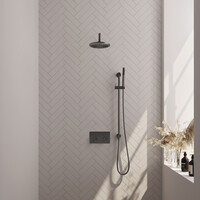 Brauer Brauer Gunmetal Editon Regendoucheset:  Thermostatische Inbouwkraan met Drukknoppen, Gebogen Wandarm, Douchekop 20cm, Glijstang met Wateruitlaat, Staafhanddouche & Doucheslang - Set 63 - Draaiknoppen - PVD - Geborsteld Gunmetal