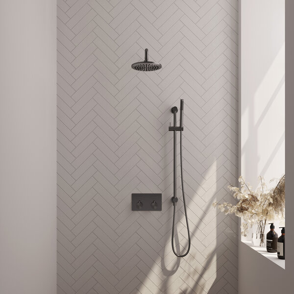 Brauer Brauer Gunmetal Editon Regendoucheset:  Thermostatische Inbouwkraan met Drukknoppen, Gebogen Wandarm, Douchekop 20cm, Glijstang met Wateruitlaat, Staafhanddouche & Doucheslang - Set 63 - Draaiknoppen - PVD - Geborsteld Gunmetal
