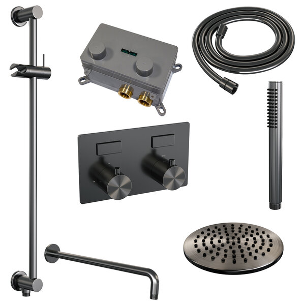 Brauer Brauer Gunmetal Editon Regendoucheset:  Thermostatische Inbouwkraan met Drukknoppen, Gebogen Wandarm, Douchekop 20cm, Glijstang met Wateruitlaat, Staafhanddouche & Doucheslang - Set 63 - Draaiknoppen - PVD - Geborsteld Gunmetal