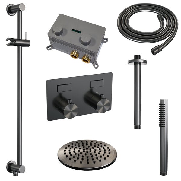 Brauer Brauer Gunmetal Editon Regendoucheset:  Thermostatische Inbouwkraan met Drukknoppen, Plafondarm, Douchekop Ø20cm, Glijstang met Wateruitlaat, Staafhanddouche & Doucheslang - Set 65 - Draaiknoppen - PVD - Geborsteld Gunmetal