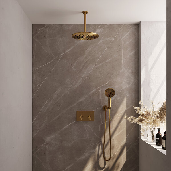 Brauer Brauer Gold Editon Regendoucheset:  Thermostatische Inbouwkraan met Drukknoppen, Plafondarm, Douchekop 30cm, Wandhouder met Wateruitlaat, 3-Standen Handdouche & Doucheslang - Set 60 - Draaiknoppen - PVD - Geborsteld Goud